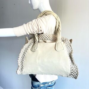 142 DAVID & SCOTTI Off White Cream Soft Leather Woven Accent Hobo Shoulder Tote